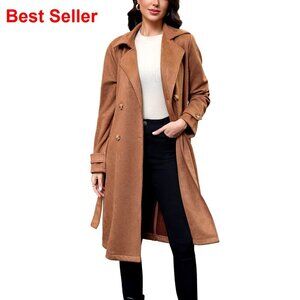 Faux Suede Trench Coat Belted Midi Overcoat for Fall Winter